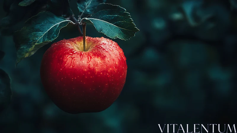 Dew‑coated red apple in dramatic low key orchard lighting.