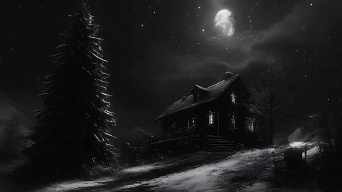 Moonlit cabin amid snowfall in dramatic monochrome night.