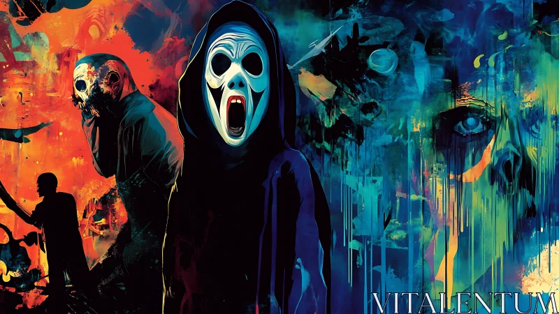 Hooded screaming mask amid abstract horror portraits.