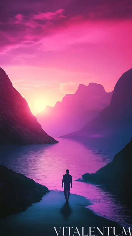 Neon wanderer crossing a violet valley of liquid dawn.