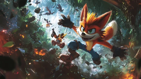 Anthropomorphic fox hero jumps through exploding jungle chasm