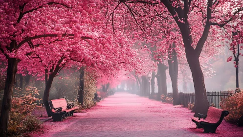 Cherry blossom avenue glows in soft pink spring haze