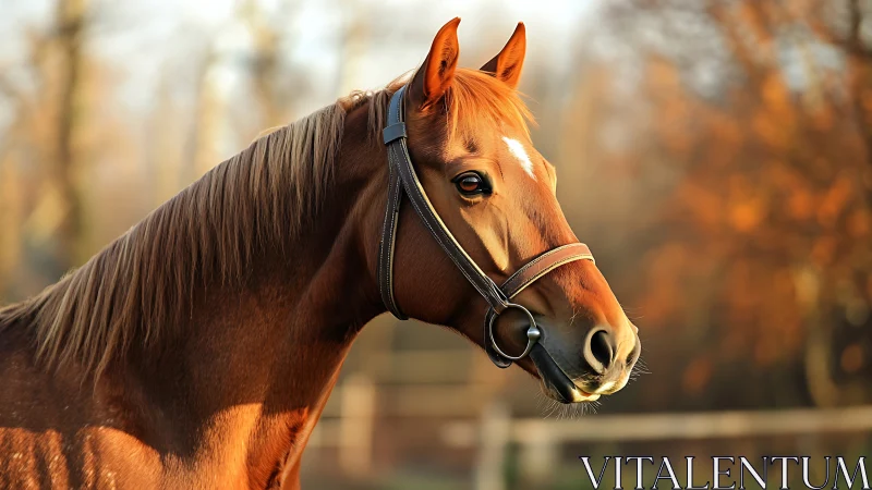 Photorealistic chestnut horse portrait in autumnal paddock.