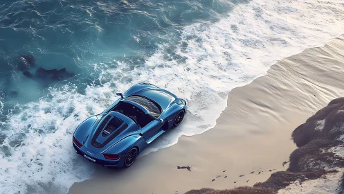 Blue sports car sits on wet sandy shoreline beside surf