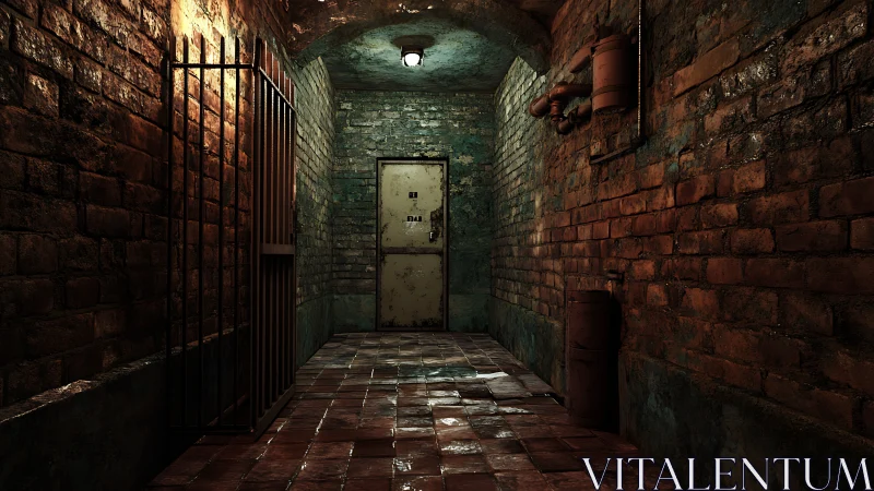 Dim brick corridor with rusted door and prison bars.