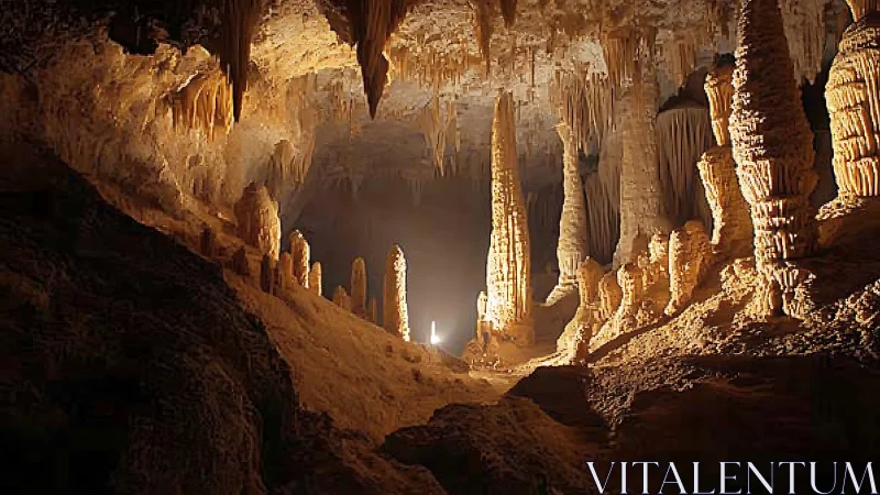 Speleothem cathedral with illuminated stalagmites and stalactites.