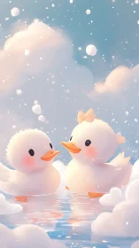 Cute duck couple in pastel cloud-filled sky pool.