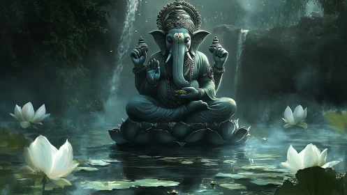 Ganesh statue sits on lotus above misty forest pond