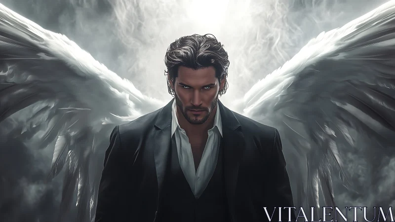 Male figure with wings in dark suit under diffuse backlight.