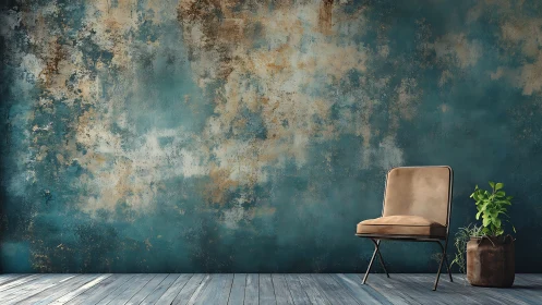 Modern velvet chair against teal textured wall in studio.