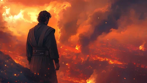 Brooding wanderer above an ember-drowned apocalypse.