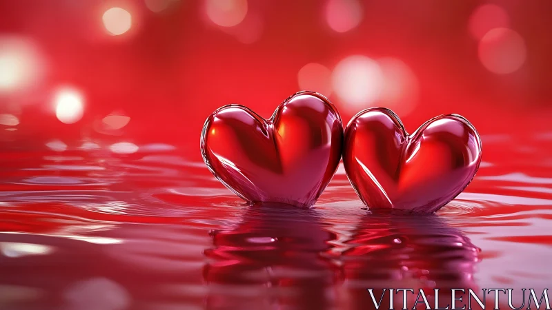 Dual Crystal Hearts Glow Against Red Bokeh.