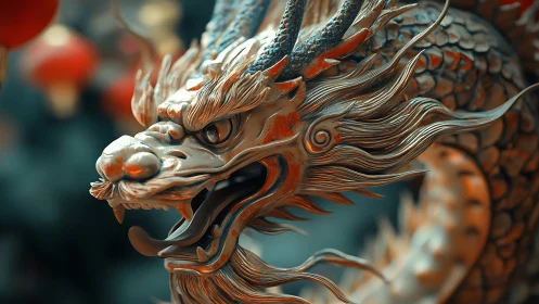 Fiery bronze dragon sculpture roars with swirling detail.