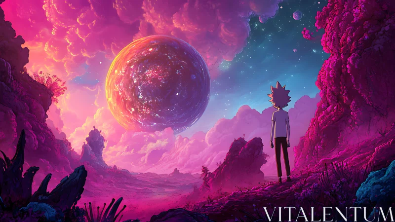 Chromatic alien valley with observer and luminous orb skyfield.