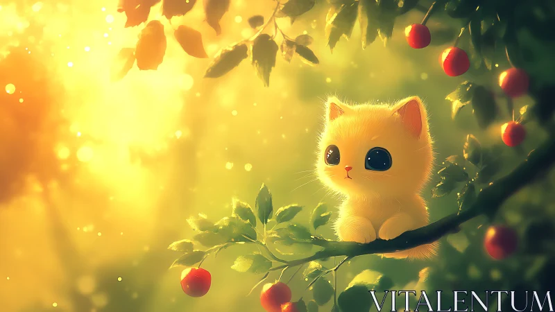 Small yellow kitten sits on tree branch in glowing light