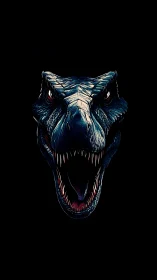 Predatory dinosaur head roars from deep black background