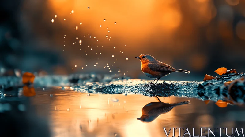 Small bird stands at reflective water edge at sunset light