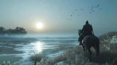 Digital painting of lone rider in misty dawn wetland landscape.