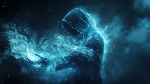 Ethereal hooded figure channeling blue astral energy field.