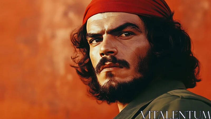 Intense bearded man gazes forward against vivid orange backdrop.