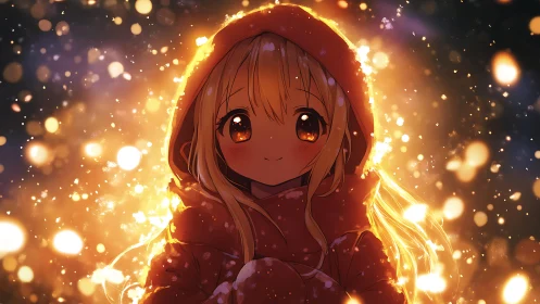 Warm-eyed anime girl glows softly amid winter snowfall