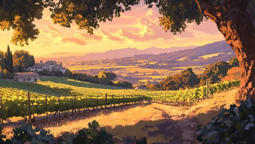 Sunlit hillside vineyard overlooking distant Tuscan valley.