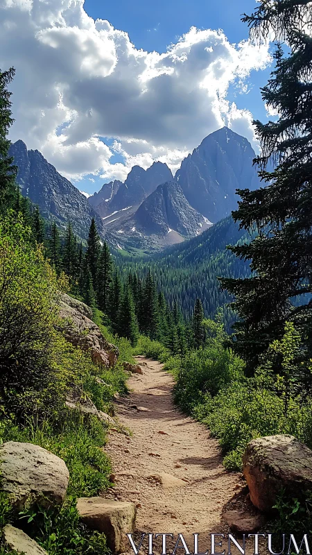 Mountain trail leading toward rugged alpine peaks under clouds.