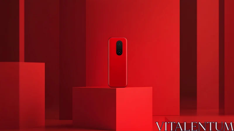 Red smartphone stands centered on geometric red blocks