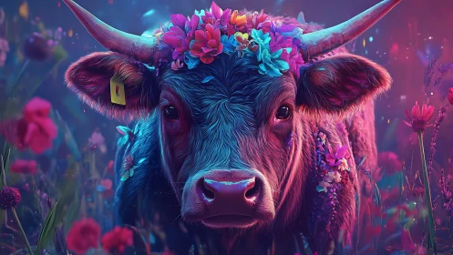 Flower-crowned cow in neon twilight meadow wonderland.