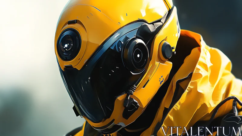 Bright yellow sci fi explorer in a sleek futuristic helmet.