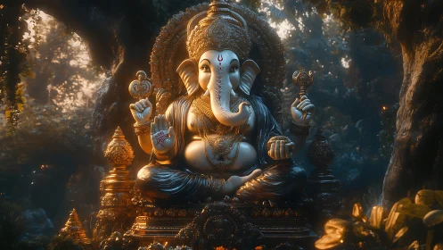 Golden forest deity statue glows gently in soft evening light