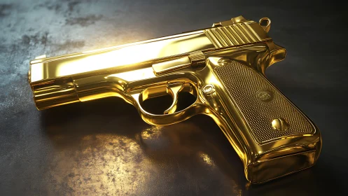 Polished gold handgun lies on textured dark metal surface