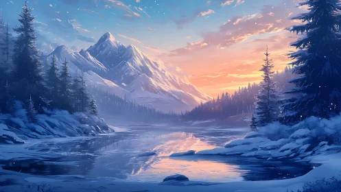 Snow-covered mountain valley with frozen reflective river.