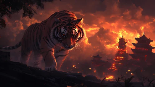 Ember-eyed tiger prowls above burning temple kingdom at dusk.