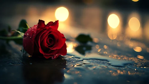 Red rose with dew drops caught in warm bokeh night light