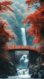 Scarlet forest bridge spans misted waterfall gorge