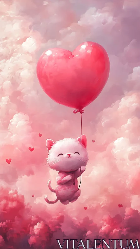 Pink Kitten Dreams: Heart Balloon Flight Through Pastel Clouds.