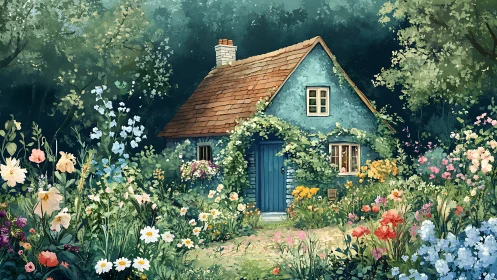 Wildflowers whisper around a storybook cottage of soft blues