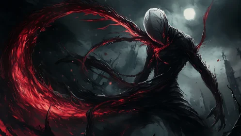 Voidborn wraith wielding crimson energy in ruins at night.