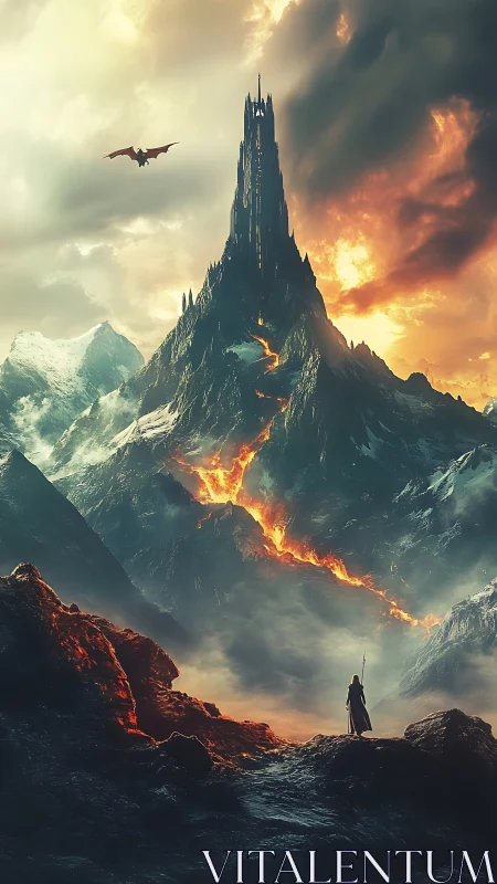 Volcanic spire fortress with dragon and lone robed figure.