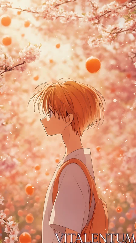 Side-profile anime boy amid warm bokeh blossoms and floating spheres