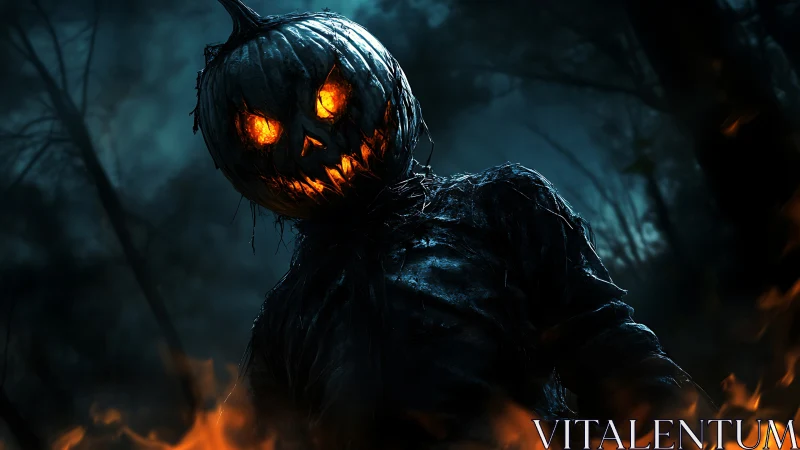 Smoldering pumpkin-headed specter in burning forest night.