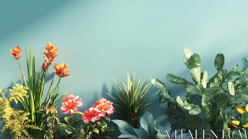Botanical Landscape with Layered Floral Elements Against Serene Blue.