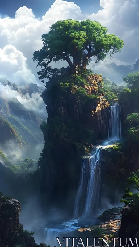 Towering cliff tree above cascading mountain waterfalls.