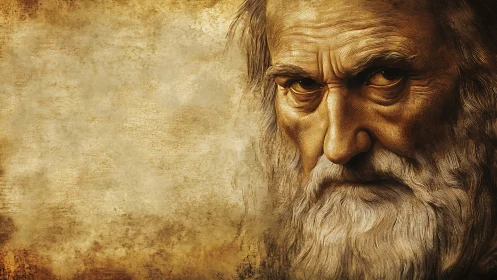 Weathered wise face gazes out with deep, thoughtful calm