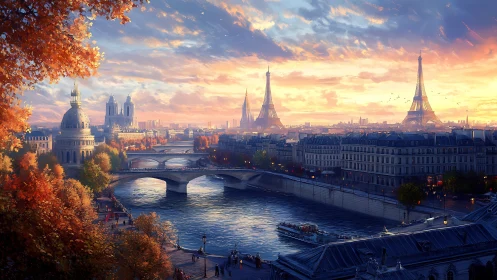 Romantic Paris river skyline at sunset in vivid autumn tones.