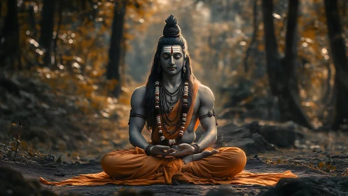 Meditating figure in orange robes within forest setting.