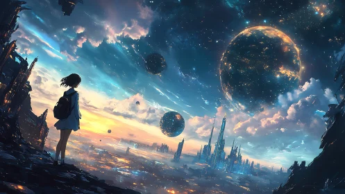 Stargazing girl on the edge of a glowing floating city.