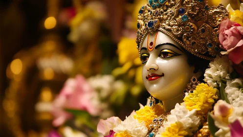 Ornate Hindu deity sculpture with floral garlands in bokeh light.