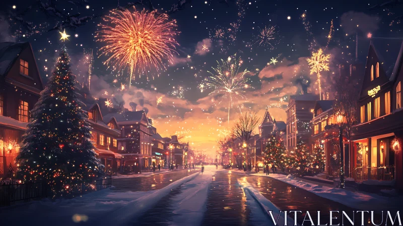 Snowlit main street sparkles under jubilant holiday fireworks.